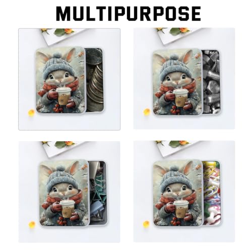 Image of Metal Tin Box with Lid,Multi-functional Storage Box Can Store Tea Biscuits Game Cards, Playing & Tarot Cards-Comes with 4 Magnetic Cord Clips,Winter Bunny