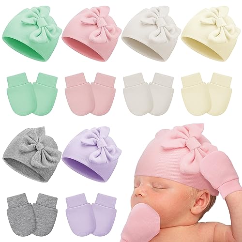6 Pack Newborn Baby Girl Hats and Mittens Set Cotton Bow Beanie Preemie Hats Infant Caps for Baby Girls
