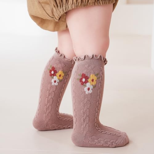 Meeshine 5 Pairs Baby Toddler Girls Knee High Socks Cotton Ruffle Flower Princess Dress Socks 0-5T Infants Newborn3