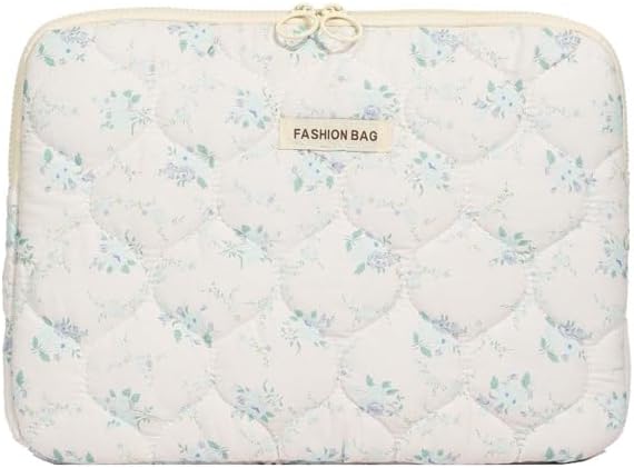 Fairycore Laptop Case for Women Floral Carrying Tablet Bag Cover Puffy Quilted Computer Liner Bag 11-15.6 Inch (13-14 Inch,White)