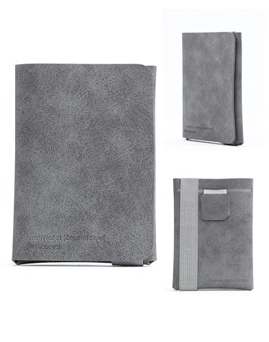 Allocacoc miniWallet Expandable Slim Minimalist Trifold RFID Leather Wallet, Quick Access Pull Strap, Compact Durable Card Holder with Elastic Band; Key Coins Cash Card; Gift women & men Grey