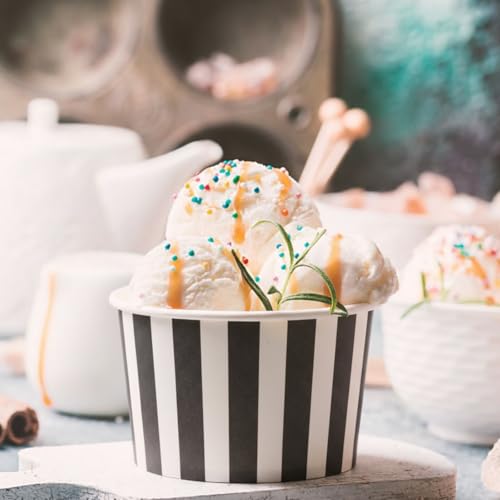 Image of Zopeal 50 Count Black and White Striped Ice Cream Cups Paper Dessert Bowls | 9 oz Disposable Ice Cream Bowls, Birthday Halloween Party Supplies, Snack Cups Sundae Picnic Yogurt Bowls for Food