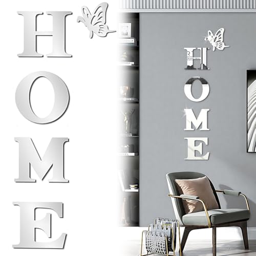 Acrylique Miroir Sticker Mural, Stickers Muraux Auto-Adhésif Amovible Écologique, Autocollant miroir acrylique papillon lettre anglaise HOME pour salon,...