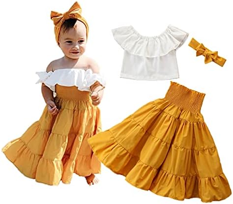 LXXIASHI 3PCS Toddler Baby Girl Off Shoulder Ruffle Crop Top + Maxi Long Skirt + Headband Outfits Set (White Yellow, 2-3 Years)