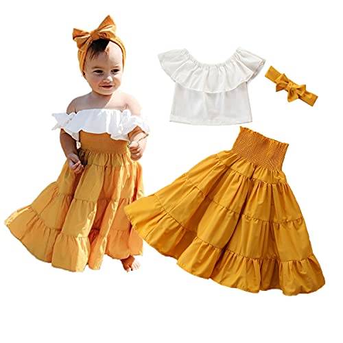 3PCS Toddler Baby Girl Off Shoulder Ruffle Crop Top + Maxi Long Skirt + Headband Outfits Set