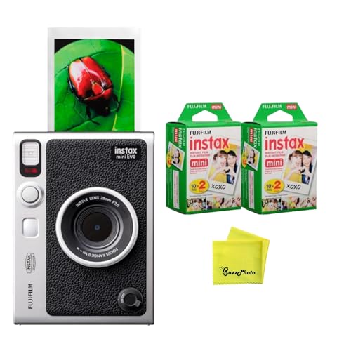 Image of Fujifilm Instax Mini EVO Instant Camera (Black) w /BuzzPhoto Microfiber Cleaning Cloth and 2 Twin Packs Mini Instant Film