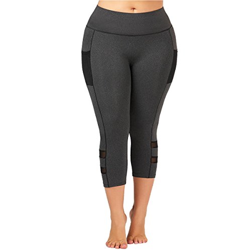 Yii ouneey Women Plus Size Fit High Waist Capris Leggings with Pockets Tummy Control Workout Running 4 Way Stretch Yoga Pants (Gray, 5XL)