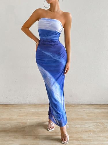 Image of LIGHT DOT Women's Summer Maxi Dress Tie Dye Strapless Tube Bodycon Side Slit Mesh Layered
