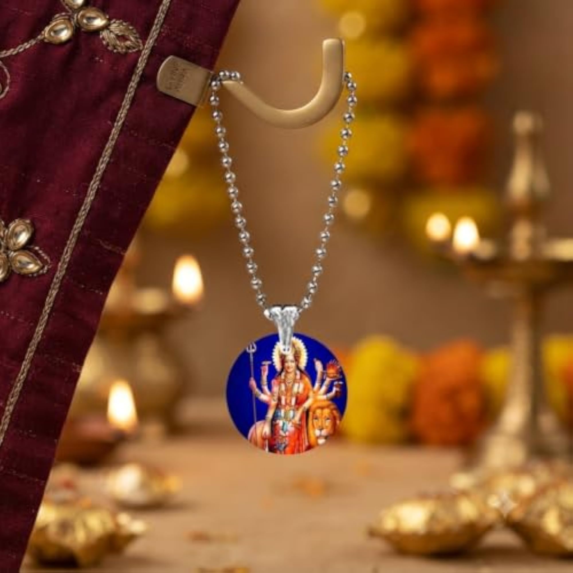 Maa Goddess Durga Sherawali Bead Chain Blue Acrylic Pendant