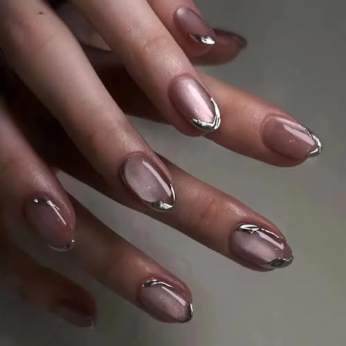 Image of Peach Cat Eye Metalic 3D Tip Round Press On Nails Kit for Women And Girls Fake Nail Extension | Reusable Nail Extension For Women With Glue Tab | Long Lasting Glossy Finish Artificial Nails | Easy to Apply Fake Nails for Salon Look at Home | Stick-On Manicure Kit For Parties, Weddings And Gifts | Trendy Nail Art Set for All Occasions (Peach-SilverRound)