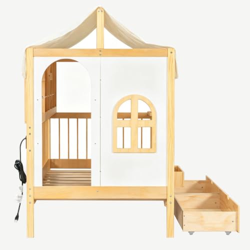 Image of House Bed with Tent and Bookshelf, 2 Drawers,USB Charging