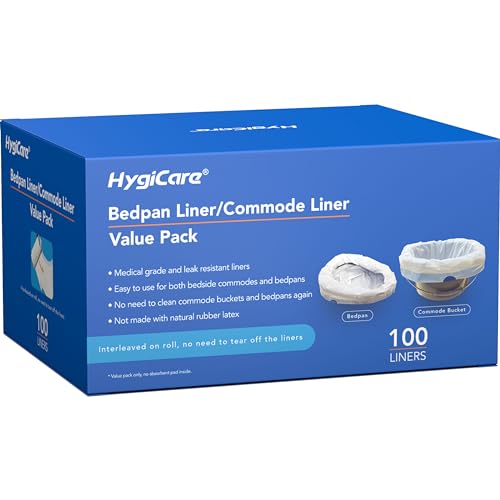 HygiCare 100 Count Enlarged Bedside Commode Liners for Commode Chairs Bed Pans and Portable Toilets Pre-Separated Leakproof Sturdy Disposable for Adults Seniors Medical Care and Camping