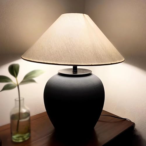 CEKUXPS Rustic Farmhouse Table Lamps, Black 21.6” Tall Ceramic Table Lamp, Simple Textured Ceramic Lamp Body with White Textured Shade Bedside Table Lamp for Living Room Bedroom Office (Black)
