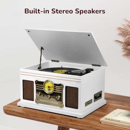 Image of FEKTIK Bluetooth Record Player 10 in 1,FEKTIK 3-Speed Turntable for Vinyl with Speakers, LP to MP3 Converter, CD, Cassette Player, FM Radio, Wireless Streaming | White