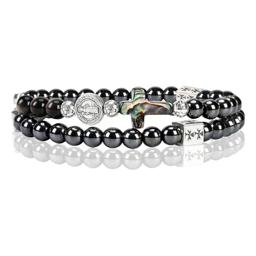 SHIEAGLELD Rosary Bracelet Obsidian Bracelet for Men Catholic Bracelets with Cross Spiritual Gift for First Communion Baptism Confirmation and Mass Black With St. Benedict Medal