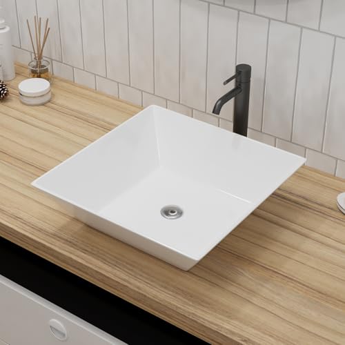 MIJIC 16'X16' Bathroom Vessel Sink Square Above Counter Rectangular White Porcelain Ceramic Modern...