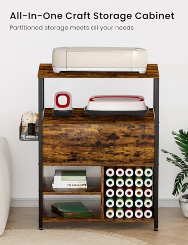 rockingrun rustic craft organization and storage cabinet compatible with cricut machines crafting cabinet with drawer and 25 vinyl roll holder craft table desk workstation for craft room