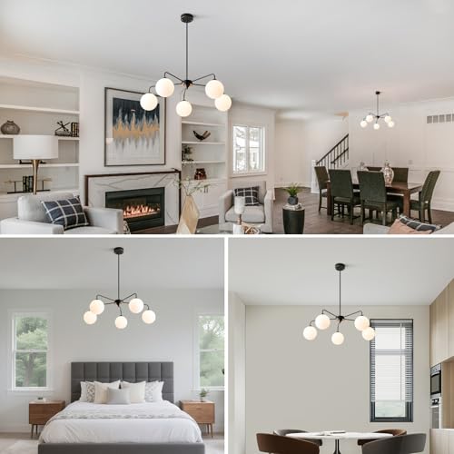 Image of 5 Light Mid Century Sputnik Chandelier with White Frosted Globe Glass Shade Pendant Lighting Fixture Living Room Large Pendant Lamp for Bedroom Kitchen Island