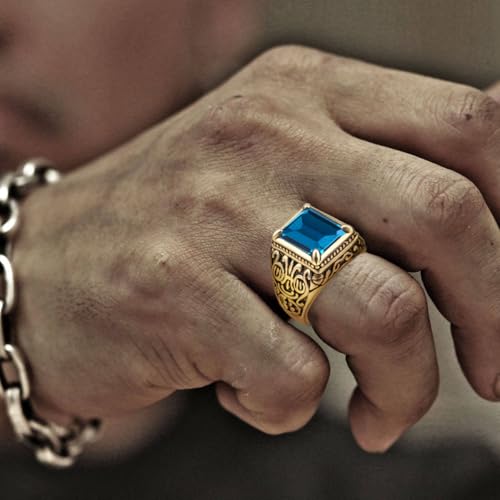 10K/14K/18K Gold 3CT Vintage Emerald-cut Gemstone Men's Ring,Black Onyx/Sapphire/Ruby/Emerald/Topaz/Garnet Signet Anniversary Rings Engagement Rings Handmade Jewelry for Man Him Father Size 4-163