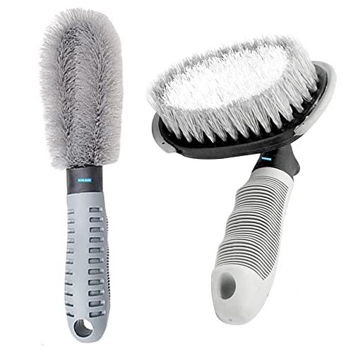 NIKAVI Car Motorcycle Wheel Tire Brush + Hub Clean Brush Cleaning Tool Kit,Set of 2
