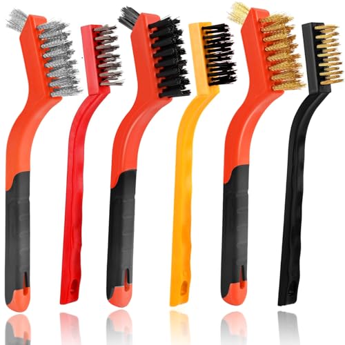 Image of 6PCS Wire Brushes for Cleaning Rust, Nylon, Brass & StainlessSteel Bristles | Upgrade Wire Brush Set with Curved Handle Grip for Paint, Rust & Stain Removal, 7-Inch Small Metal Wire Brushes