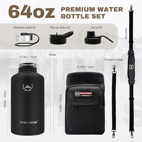 Image of NATURE PIONEOR 64 oz Insulated Water Bottle with Carrier Bag & 3 Lids
