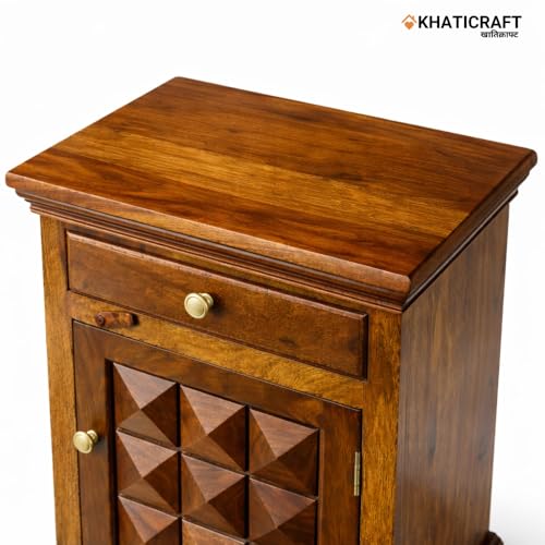 Image of Solid Sheesham Wood Stupa Bedside Table with Drawer and Door Storage for Bedroom Furniture | Wooden Bedside End Tables | Nightstand Side Table for Living Room Home and Hotels (Honey Finish)