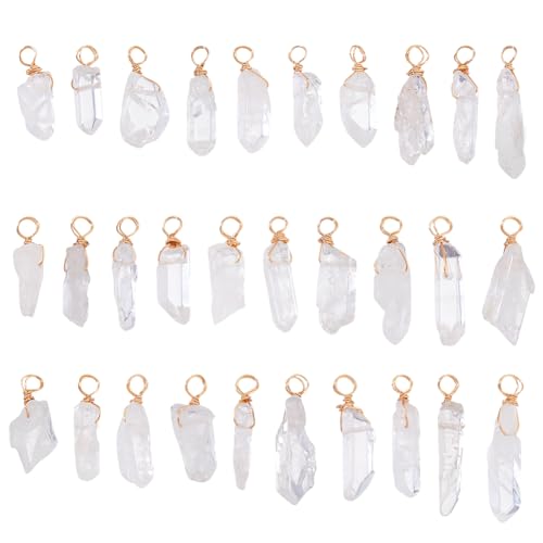 AHANDMAKER 30 colgantes de cristal de cuarzo natural, 2,5 cm con alambre de cobre dorado envuelto en piedras preciosas para anudar, cuentas de cristal, gota de columna para aretes, collares, joyería