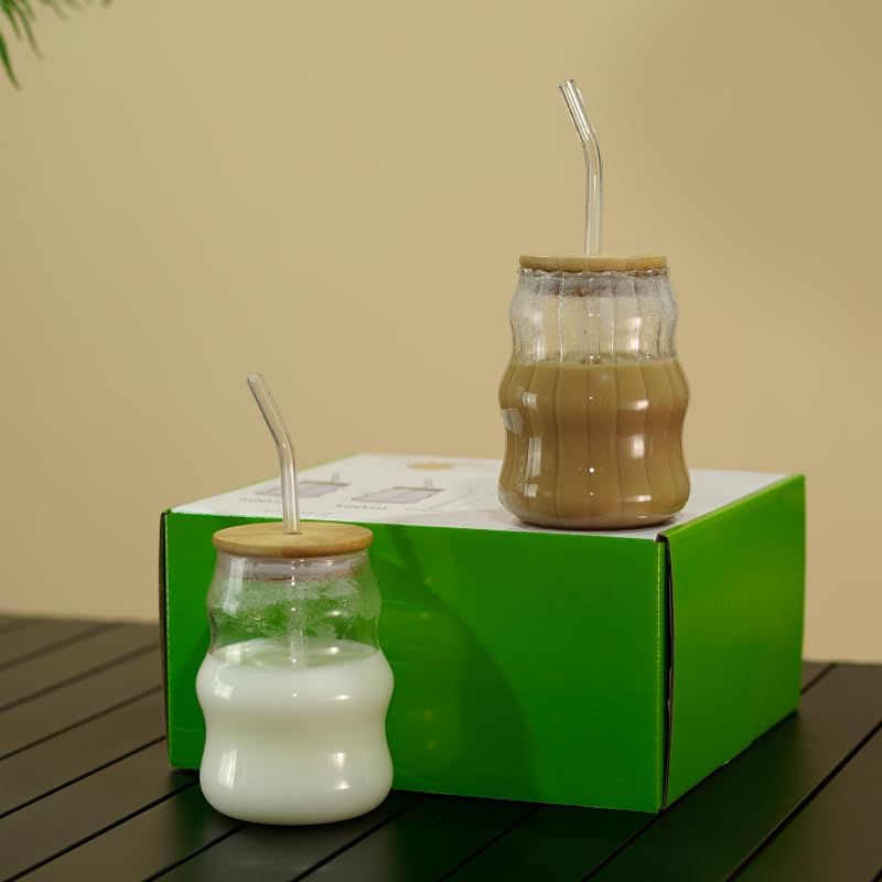 2 Pcs Ribbed Glass Cups, 18 Oz Vintage Drinking Glassware with Wave Shape Design, Bubble Cups for Iced Coffee, Juice, Beverage, Milk, Cocktails, Bubble Tea, and More - Image 5