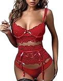 evelife completi intimi donna pizzo babydoll lingerie set sexy camicie da notte biancheria di pizzo reggiseno e vita alta perizoma con reggicalze 3 pezzi(vino rosso s)