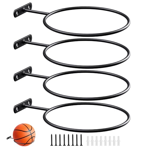QTJUST 6in 4Pack Basketball Holder Wall Mmount Universal Ball Rack Metal Black Rack Holder Space Saver for Basketball Football Volleyball Soccer Storage Display Black