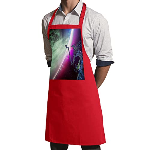 Tablier de cuisine rouge avec impression spatiale de l'Aurore Boréale