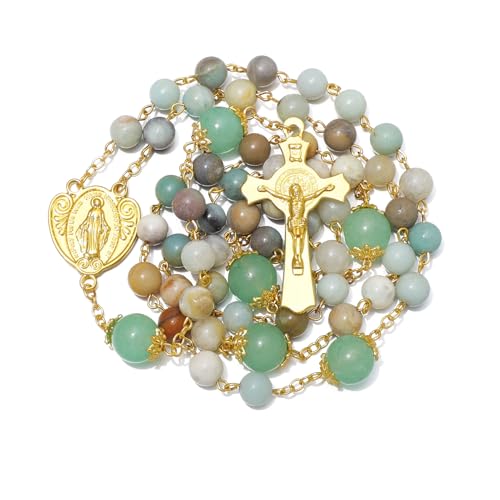 KOMI Amazonite Stone Beads Rosary Catholic for Women Gemstone Virgin Mary 18K Gold Plated Rosary Beads Necklace Rosarios Catolicos Catholic Gifts