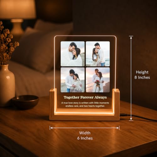 Image of Giftplease Personalized LED Acrylic Photo Frame with Custom Photo & Text | Engraved Acrylic Picture Lamp | Wooden Base |Customized Picture Frame | Anniversary Wedding Birthday Couple Family Home Decor