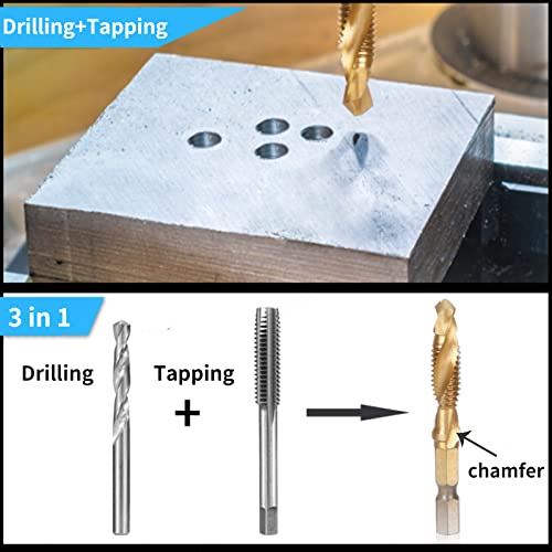 6pcs Combination Drill and Tap Bit Set, Coated Metric M3-M10 Spiral Tapping Tool 1/4" Hex Shank Threading Tips