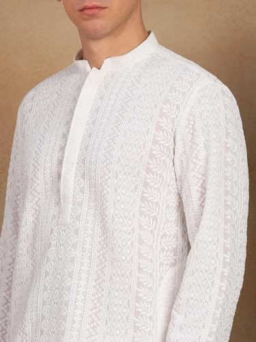 Image of See Designs Men's Full Sleeve Mandarin Collar Chikankari Embroidered Straight Kurta with Salwar