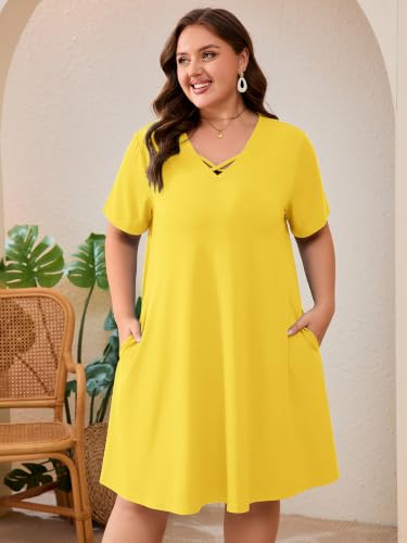 Image of AusLook Plus Size Midi Dress for Women Short Sleeve V Neck Criss Cross A Line Summer Casual Vacation Sundresses with Pockets