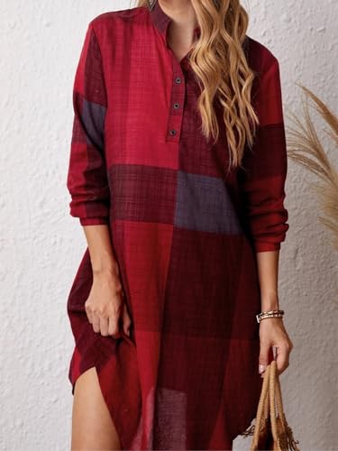 Leriya Fashion Western Dress || Rayon Color Block Half Button Front Dress For Women || Long Cuff Sleeve & Stand Collared Neck Tunic Dress || Office || Summer Dresses For Women. (Xxx-Large, Red)