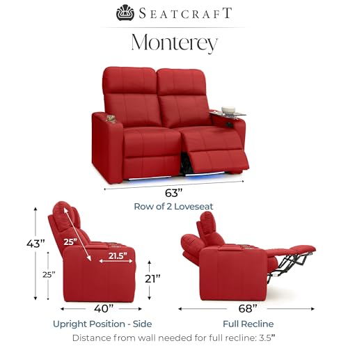 Image of Seatcraft Monterey Home Theater Seating Red Row of 2 Loveseat | Italian Leather, Wall Hugger, Zero Gravity, Powered Headrest, Power Recline, Zero Gap, USB charging