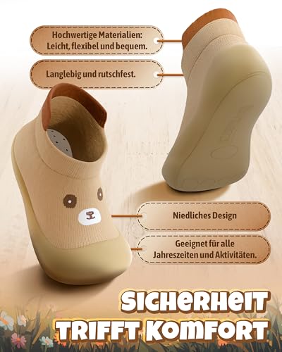 Kleinbär® Krabbelschuhe Kinder [Zehen und Fersenschutz] - Lauflernschuhe 6-18 Monate für maximale Sicherheit - Hausschuhe Kinder Turnschläppchen Jungen & Mädchen - Kinderhausschuhe Sockenschuhe