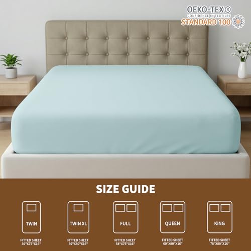 Image of HBHLFZ Full Fitted Sheet Only, Soft Breathable Bottom Sheet - 54 inchx75 inch Deep Pockets Full Size Fitted Sheet - All Around Stretch Fit, Wrinkle Resistant, Colorfast - Easy Care, Light Blue