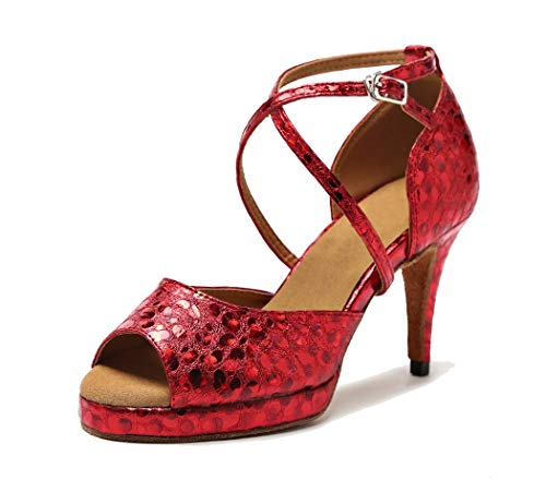 MGM-Joymod Damen Kreuz Riemen Druck Synthetik Stiletto Absatz Plattform Modern Latein Tanzschuhe Hochzeit Party Sandalen, Rot - Rot 8 cm Absatz - Größe: 38 EU Cover