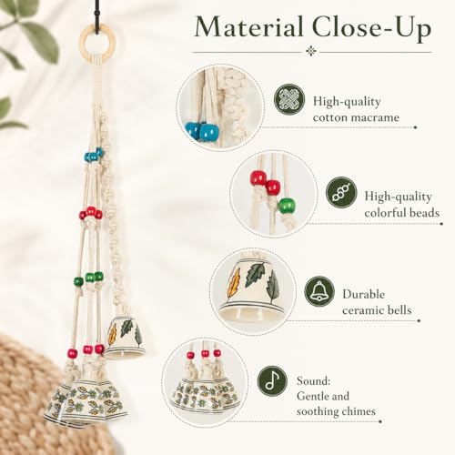 Image of KAAMERI BAZAAR Macrame Wind Chimes Enhance Living Space for Diwali (4 Bells, 1 Ring Tied with White Macrame Thread)