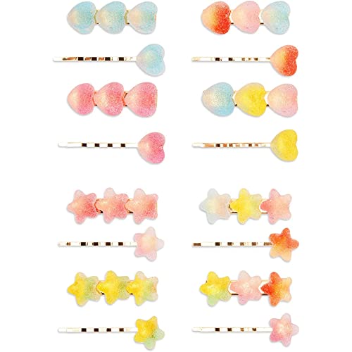 Glamlily Decorative Bobby Pins for Women, Candy Star and Heart Hair Clips (2 in, 16 Pack)