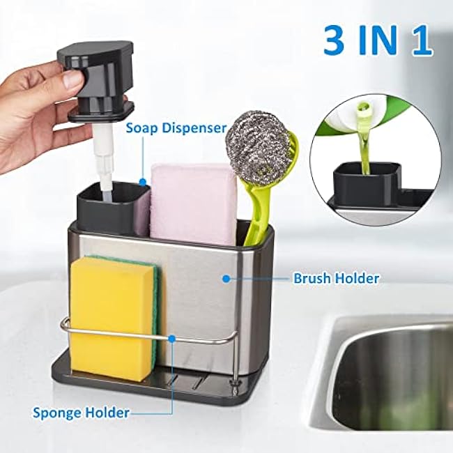 RedCall Soap Dispenser for Kitchen Sink, 3-in-1 Sponge Holder for Kitchen Sink Caddy, Stainless Steel Kitchen Sink Organizer Tray Drainer Rack, Rustproof Dish Soap Dispenser Brush Holder Countertop