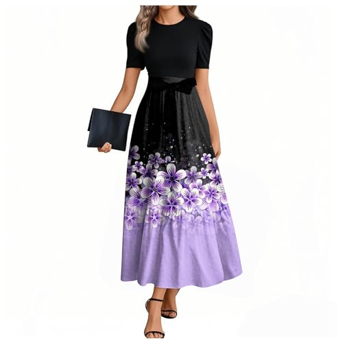 MOKBAY Robe Jeans Femme Et Elegant avec Ceinture Manche Courte Cintrée Été Robe Longue Col Rond Fleurie de Plage Mes Commandes Passées Spring Dress Pourpre...