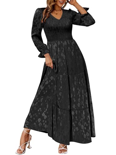 Image of Simplee Womens Long Sleeve Smocked Maxi Dress Tiered V Neck Flowy Fall Wedding Guest Long Dresses with Pockets