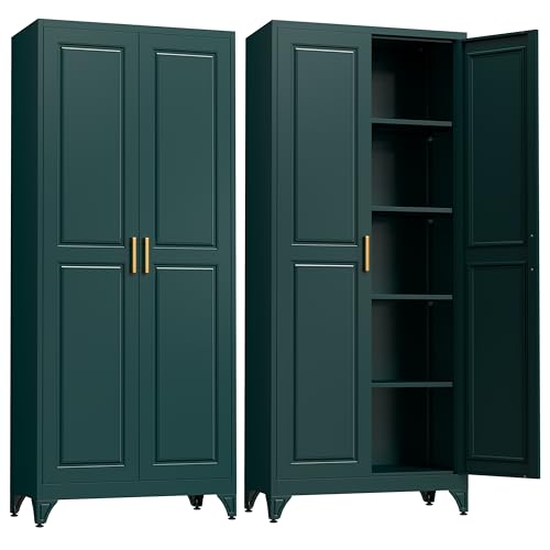 Kitchen Pantry Cabinet,75" Green Metal Storage Cabinets with Doors and 4 Adjustable Shelves,Kitchen Cabinet with 2 Gold Handles,Tall Cabinet for Livin
