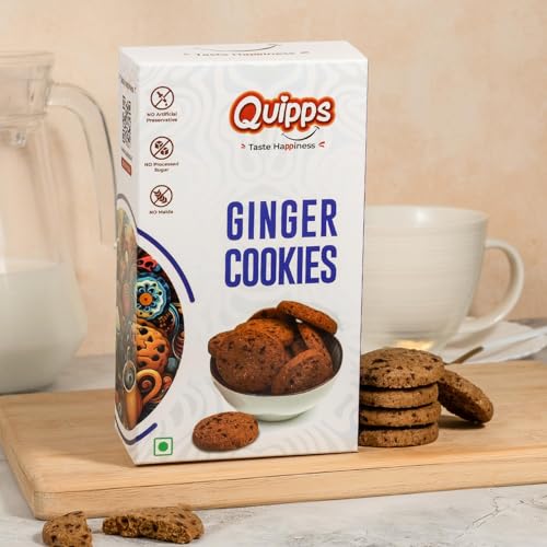Image of Quipps Premium Ginger Cookies | No Maida, No White Sugar, No Preservatives | Made with Jaggery & White Butter | Healthy Biscuits | Fresh Crunchy Biscuits for Tea-Time Snack, Breakfast & Office Gifting | Vegetarian | Pack of 5 (200g Each)
