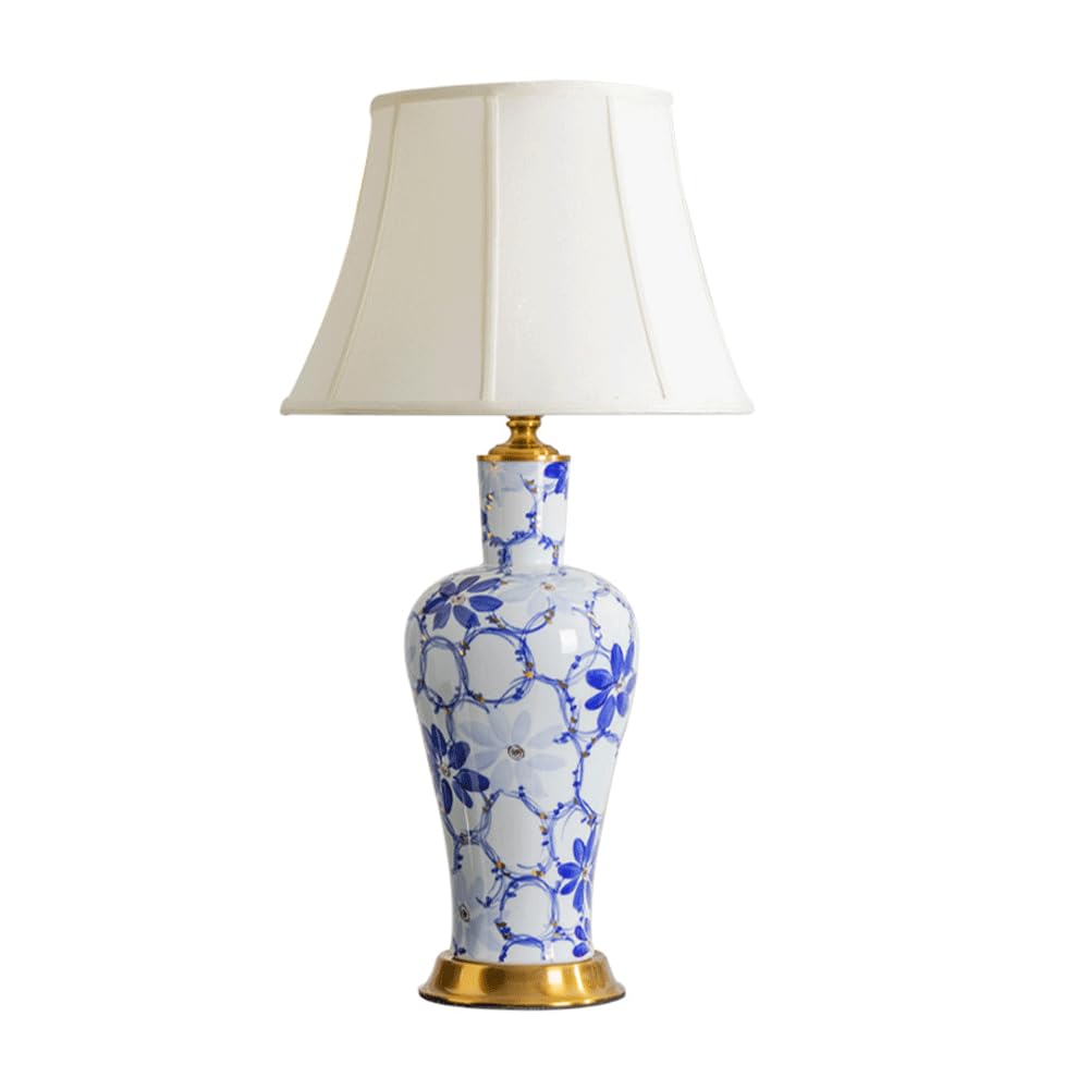 SANBDDLYY Elegant Hand-Painted Blue and White Ceramic Table Lamp - American Style Bedside Lighting for Home and Office Décor